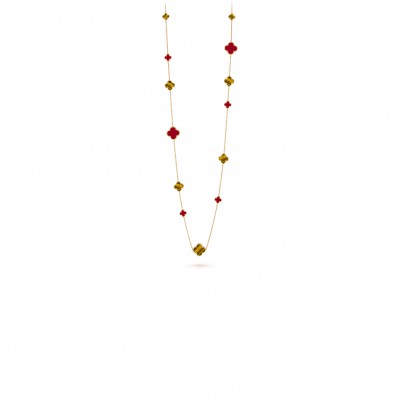 VAN CLEEF ARPELS MAGIC ALHAMBRA LONG NECKLACE, 16 MOTIFS - YELLOW GOLD, CARNELIAN, TIGER EYE  VCARN5JO00